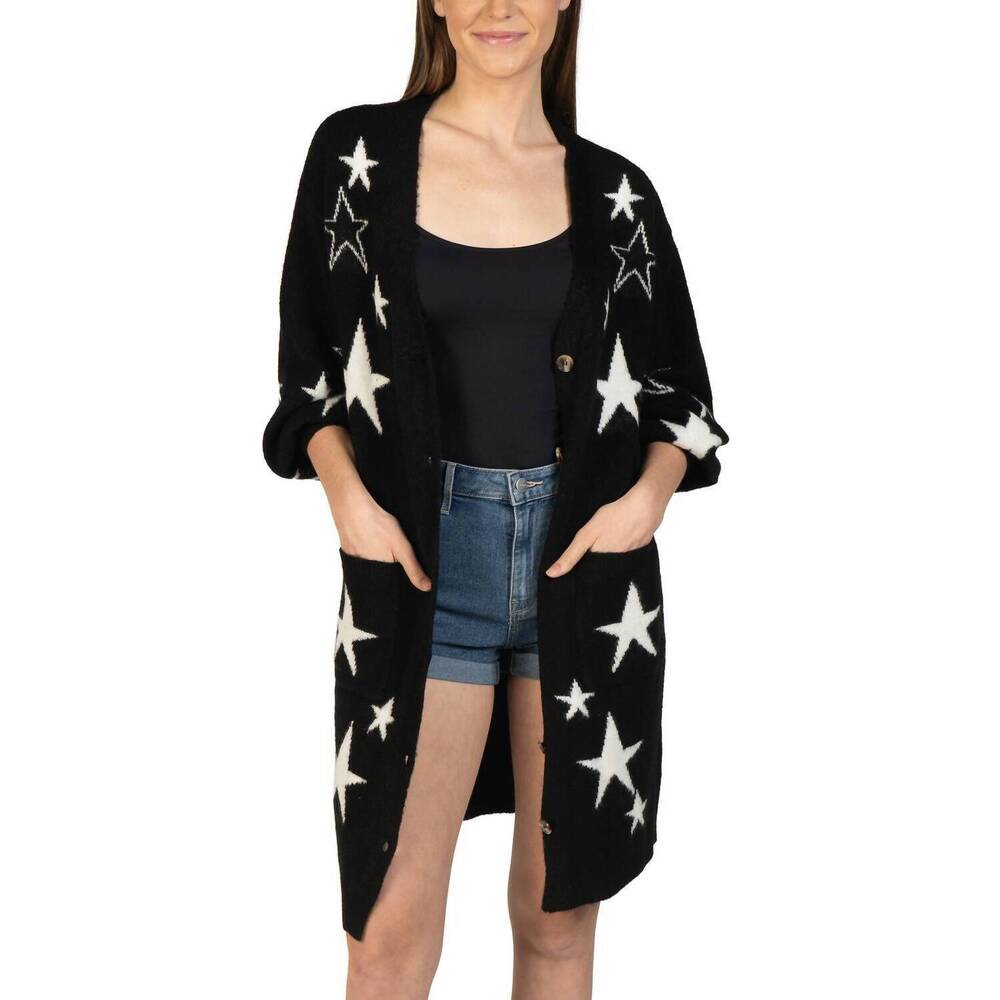 NEW LOVE TOKEN star knitted cardigan in black